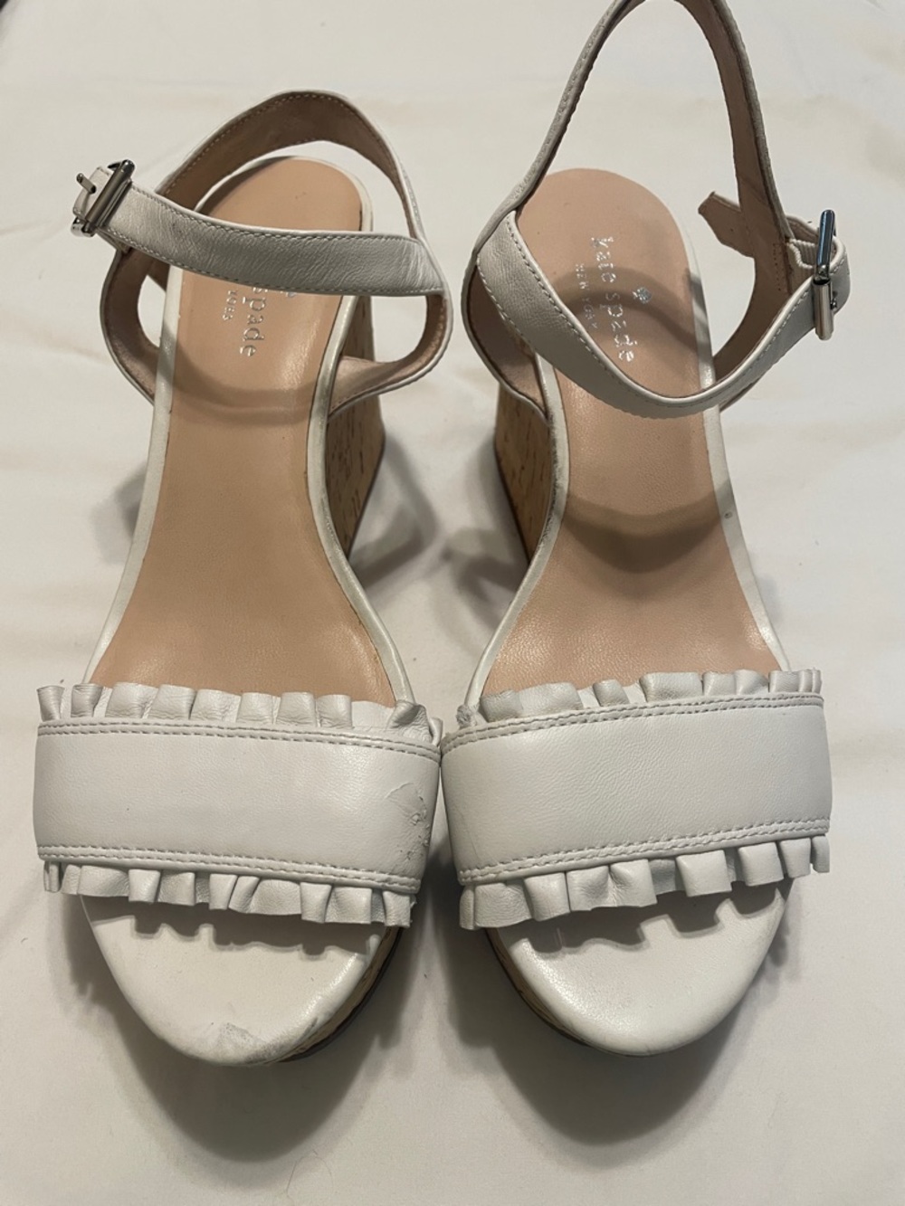 kate spade White Ruffle Front Ankle-Strap Wedge Sandals